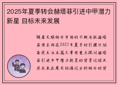 2025年夏季转会赫塔菲引进中甲潜力新星 目标未来发展