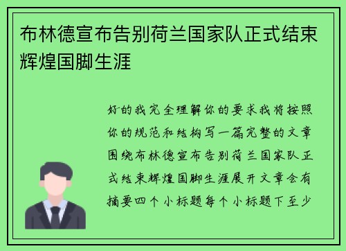 布林德宣布告别荷兰国家队正式结束辉煌国脚生涯 布林德宣布告别荷兰国家队正式结束辉煌国脚生涯