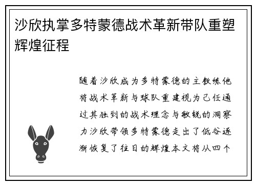 沙欣执掌多特蒙德战术革新带队重塑辉煌征程